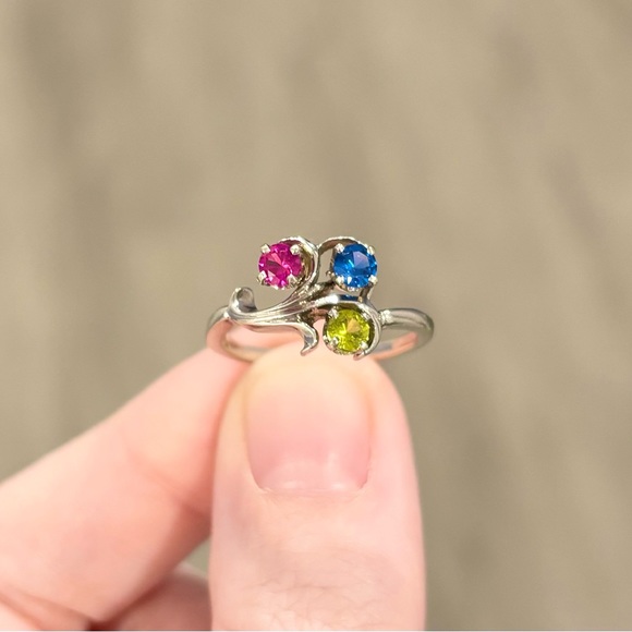 14K Rainbow Spinel red blue green gemstone cluster vintage white gold ring - Picture 3 of 12